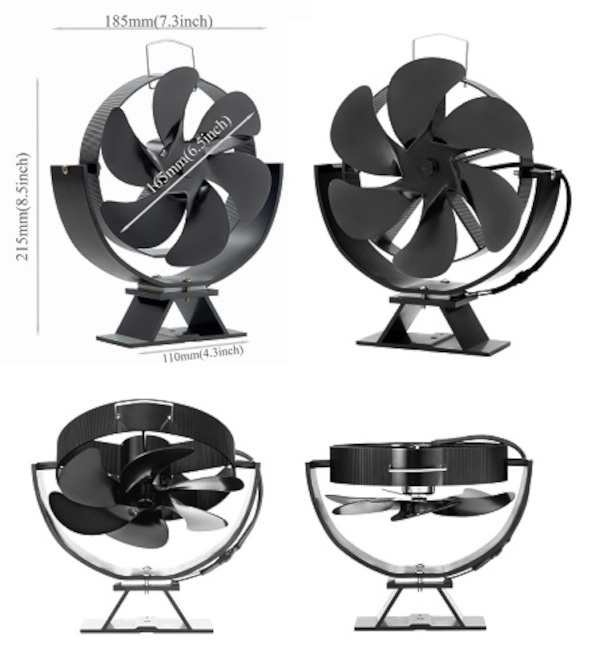 6-lopatkový naklápěcí tepelný krbový ventilátor na kamna 21,5cm.