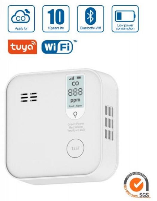 Wifi detektor Oxidu uhelnatého (CO) TUYA Smart s certifikací EN50291-1.