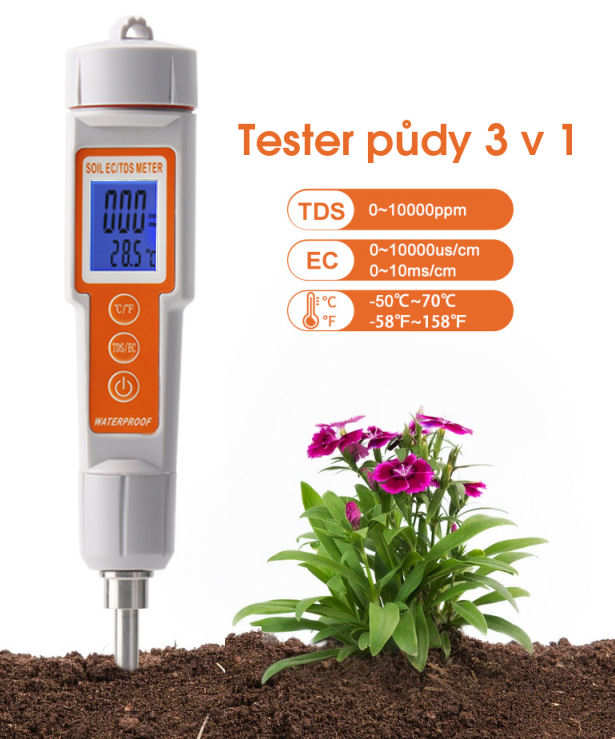 Měřič půdy 3 v 1 PMH661 - měří elektrickou vodivost EC / TDS / teplotu-  půdní tester pro květiny...