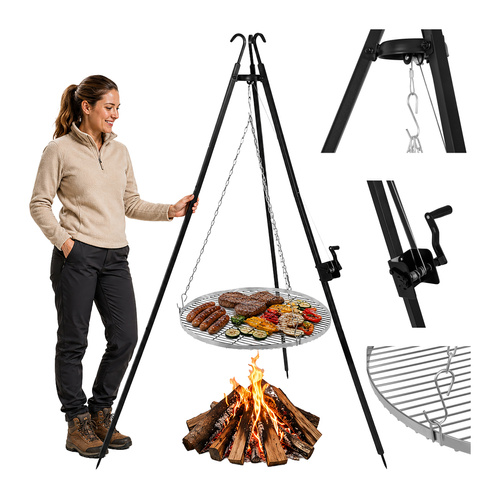 Závěsný gril na trojnožce 190 cm s nerezovým roštem 70 cm a navijákem